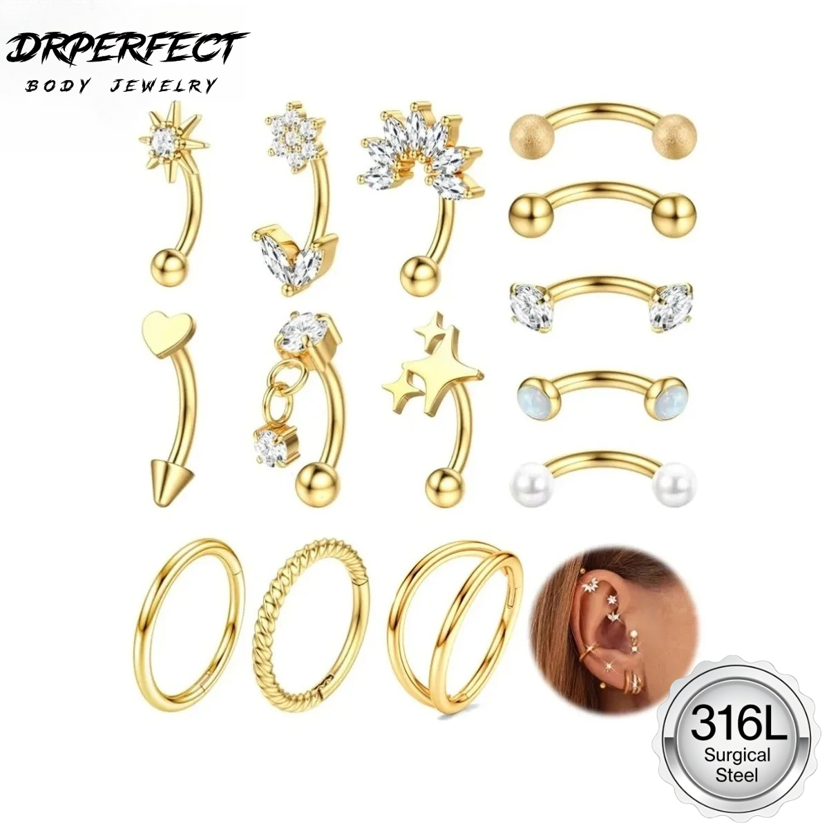 Rook Curved Barbell - Drperfect 1PC Rook Wenkbrauw Piercing 16G