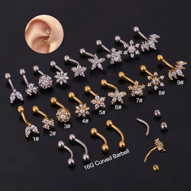 Rook Curved Barbell - 1PC Bloem Kroon CZ Wenkbrauw Ring