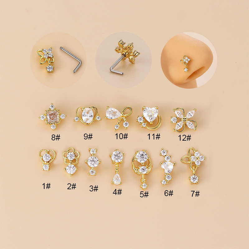 Body Jewelry Nose - 20G L-vormige kubieke zirkonia neusstud, chirurgisch