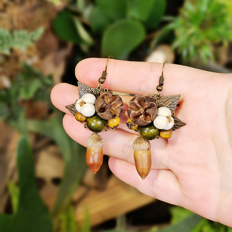 Body Jewelry Wholesale - Vintage houten plantenoorbellen Unieke eikeloorbellen Natuurlijke
